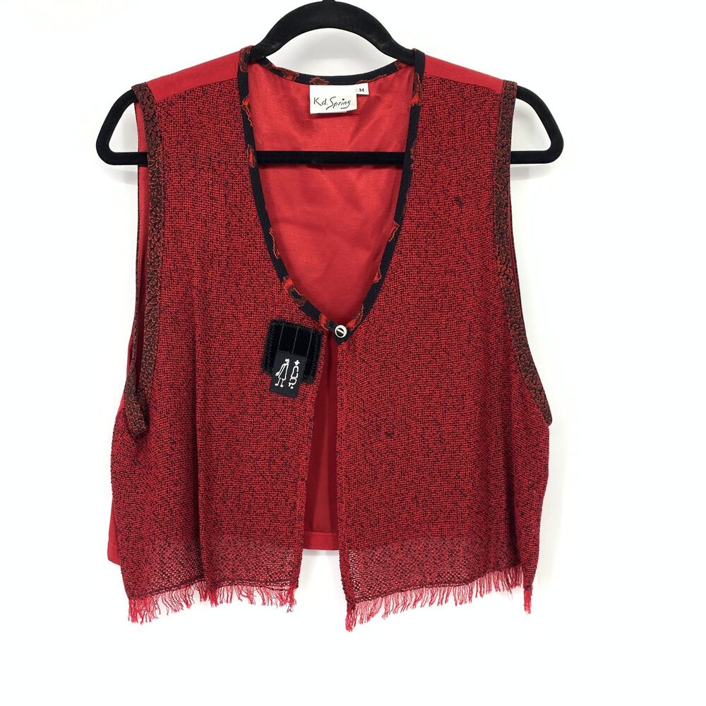 Vintage K.D. Spring Sleeveless Cropped Vest Red Black Fringe Edges Womens Medium